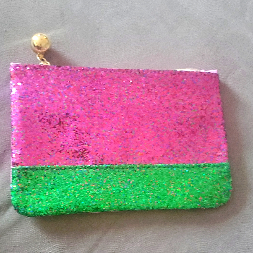 Ipsy Glittery Pink And Green Clutch Plastic Wristlet Zipper Wallet